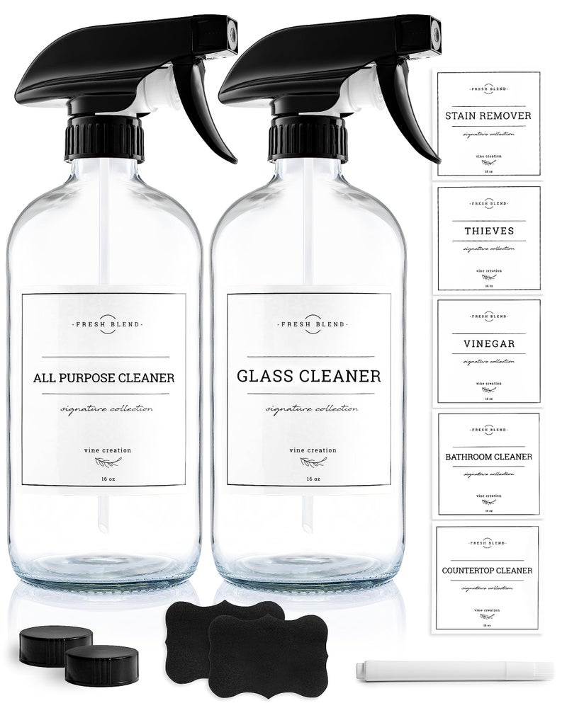 Vine Creations Glass Spray Bottles 2 Pack Refillable Spray Bottles for Cleaning Solutions Plant Misters Clear Glass Spray Bottle for hair 16 oz Mister Spray Bottle with Waterproof Labels
